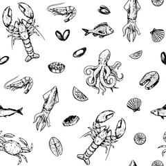 Seafood. seamless pattern. set of vector sketch illustrations, crab, lobster, shrimp, fish