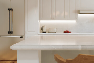Fototapeta na wymiar Kitchen white countertop with white marble, with blurred bokeh background. 