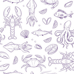 Seafood. seamless pattern. set of vector sketch illustrations, crab, lobster, shrimp, fish