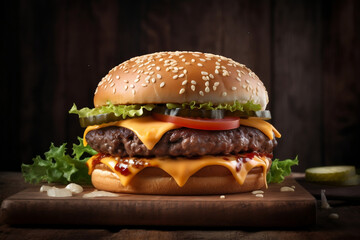 Product shot of fresh big cheeseburger generative ai
