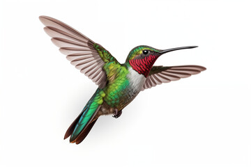 Hyper-Detailed Photorealistic Close-Up: Iridescent Green and Ruby Red Hummingbird on Pure White Background – Precision and Comprehensive Nature Photography of a Realistic and Accurate Avian Beauty