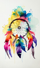 Watercolour Dreamcatcher tattoo illustration with splashes isolated on white background. Colourful minimalistic art with, rainbow feathers.