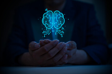 person holding a brain picture in holographic panel