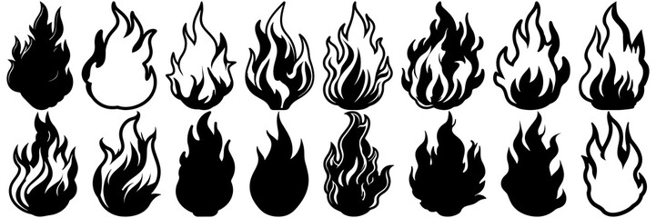 Flame silhouettes set, large pack of vector silhouette design, isolated white background