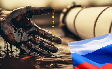 Oil pipeline and natural gas. Destruction Oil pipeline. Spilled oil at oil field. Gas production and crude refenery. Worker's dirty hand in crude pipe on oilfield. Russian flag in economic war world