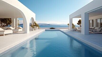 Pool with terrace and minimalist Mediterranean porch, overlooking the ocean.