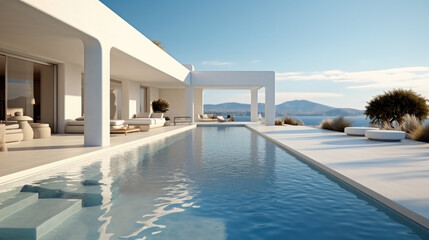 Pool with terrace and minimalist Mediterranean porch, overlooking the ocean. - obrazy, fototapety, plakaty