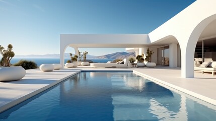 Pool with terrace and minimalist Mediterranean porch, overlooking the ocean. - obrazy, fototapety, plakaty