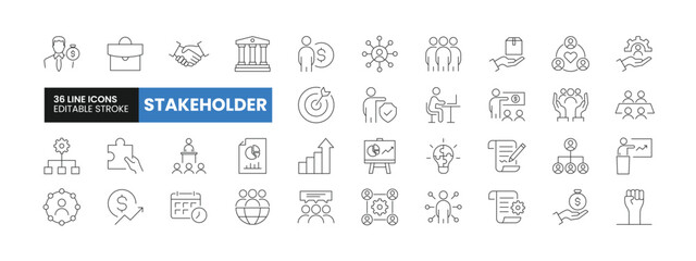 Fototapeta na wymiar Set of 36 Stakeholder line icons set. Stakeholder outline icons with editable stroke collection. Includes Project, Growth, Investor, Report, Presentation, and More.