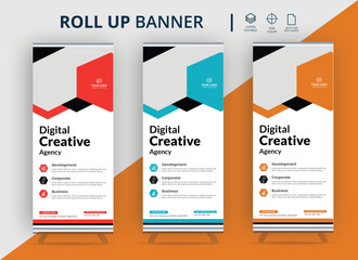 Business Roll Up Banner vector creative design. X banner, x stand, pull up, pop up banner for marketing,Roll up banner vector template,Creative corporate roll up banner design in curve shape layout,