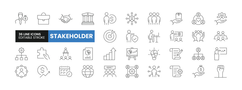 Set of 36 Stakeholder line icons set. Stakeholder outline icons with editable stroke collection. Includes Project, Growth, Investor, Report, Presentation, and More.