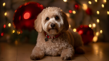 poodle type dog posing in front of the Christmas tree with a magical and warm atmosphere