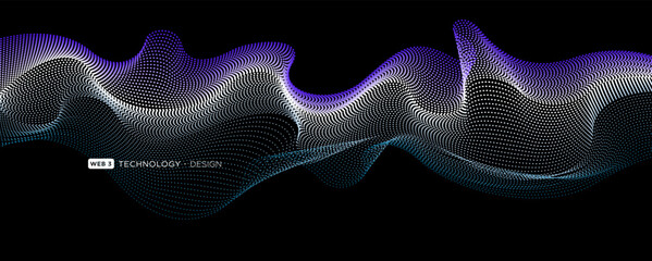 Flowing particles wave pattern blue color isolated on a black background. Vector in concept of AI technology, science, music.
