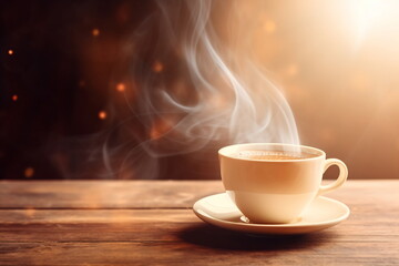 A cup of hot drink with steam against golden bokeh background