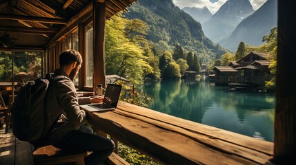 Digital Nomad Working Remotely in a Peaceful Mountain Forest Retreat - Freelancer or Remote Worker Amidst Nature's Beauty and Tranquility