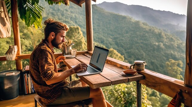 Digital Nomad Working Remotely in a Peaceful Mountain Forest Retreat - Freelancer or Remote Worker Amidst Nature's Beauty and Tranquility