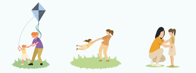 Mother and daughter happy playing vector illustration set. Mother playing kite with daughter.The mother advised her daughter to stay strong.