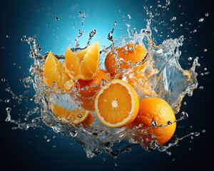 Oranges, halved oranges and orange segments splashing into water