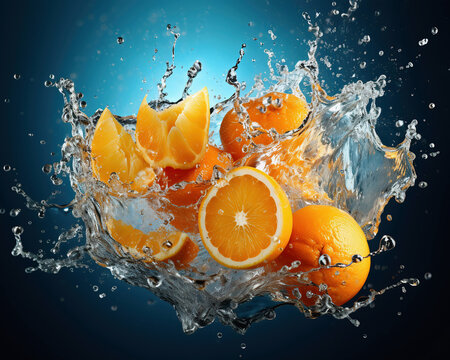 Oranges, halved oranges and orange segments splashing into water