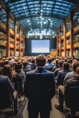 Audience in conference hall, Rear view of participant in audience, Business conference event.