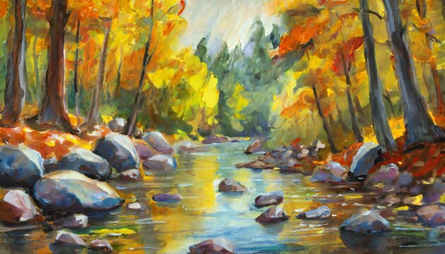waterfall in autumn forest Painting illustration