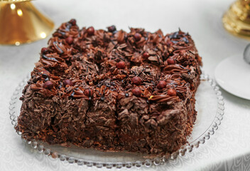 Homemade chocolate cake with nuts.