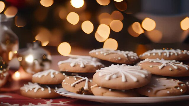 Christmas holiday plate of decorated gingerbread snowflake cookies, bokeh twinkling lights background, Generative AI