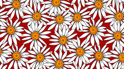Fototapeta na wymiar Cartoon daisy seamless pattern. Retro flower background. Chamomile on red backdrop. Vintage floral vector graphic. Useful for print, fabric and gift wrapping.