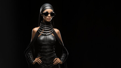 Laufsteg Model Frau mit futuristischen Outfits in schwarz aus Kunststoff und Leder in abstrakten Vogue Stil, ai generativ