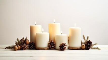 Obraz na płótnie Canvas Christmas white candles and natural decor composition in rustic style. Christmas candle decoration with natural wooden elements, fir cones, branches, cinnamon