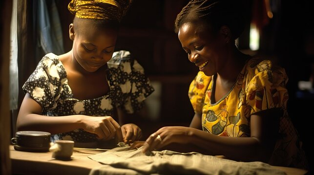 Black Woman sewing a dress for her daughter