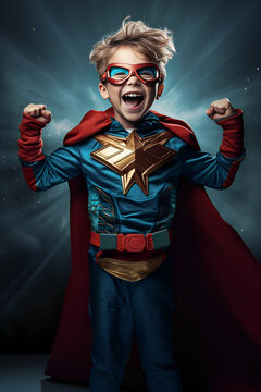 Happy Boy Ten Years Old In Superhero Clothes
