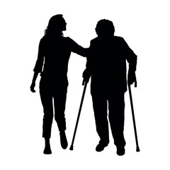 Woman volunteer helping senior woman walking with cane black silhouette.
