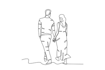 Back view of a couple going on vacation. Honeymoon one-line drawing