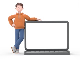 3D illustration of male guy Qadir  supported by laptop.3D rendering on white background.
