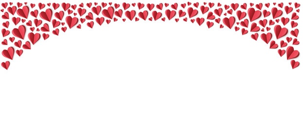 Red hearts with shadows arc border isolated on white background. Vector illustration. Paper cut decorations for Valentine's day design