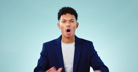 Face, man and no hands in studio with warning, caution and danger, no way or rejection on blue background. Protest, emoji and portrait of male model with caution, stop or danger, vote or limit order