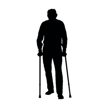 recommend clip art: Old man standing with elbow crutches walking aid vector black silhouette.