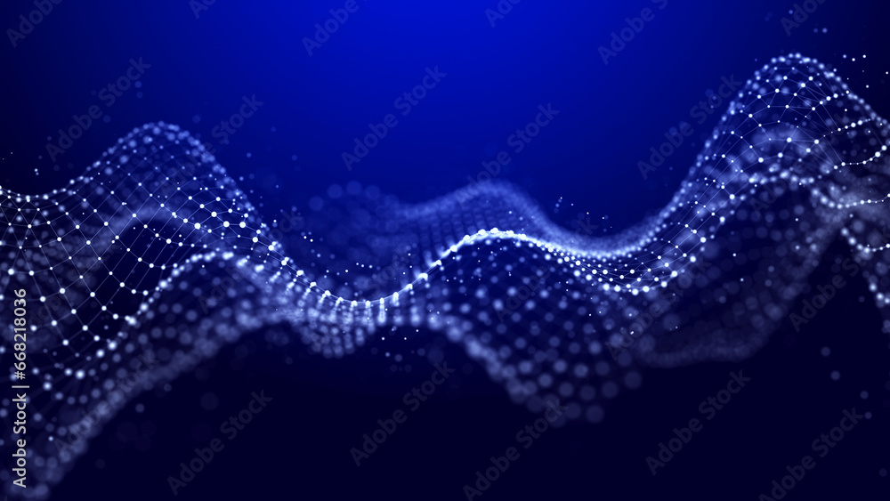 Poster abstract background grid of interlacing lines and dots. futuristic blue particle wave. structure of 