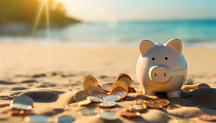 Piggy bank on the beach with coins, savings concept for family or couple vacations - obrazy, fototapety, plakaty