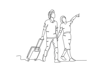 A couple on a honeymoon trip. Honeymoon one-line drawing