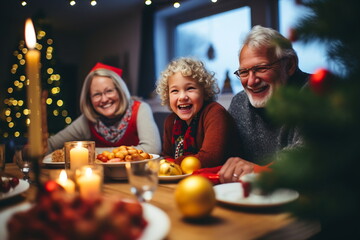 Obraz na płótnie Canvas Family celebrating Christmas enjoying dinner