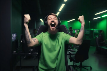 Professional eSports male gamer rejoices in the victory in green gaming room generative ai - obrazy, fototapety, plakaty