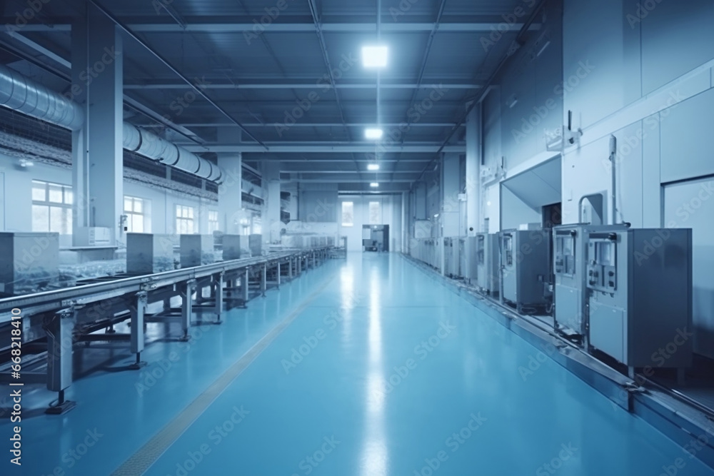 Poster progressive industrial hall with two automated production lines without human workers generative ai