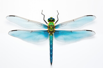 A Close-Up Photorealistic Capture of a Dragonfly: Realistic Hyper-Detailed Image of a Vibrant Blue and Neon Green Insect on a White Background, Accurate and Detailed Nature Photography