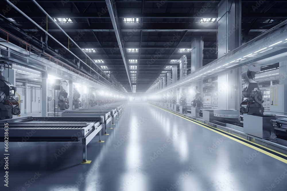 Poster progressive industrial hall with two automated production lines without human workers generative ai