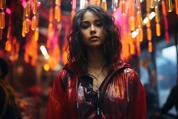 Portrait of young beautiful girl in bright stylish clothes against night city lights background. Sexy girl posing on night city street. Teen girl in a night city. Youth nightlife and urban atmosphere.