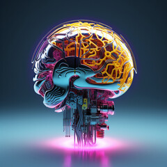 Artificial technology shapes the human brain. Neon and chrome colors aesthetic.