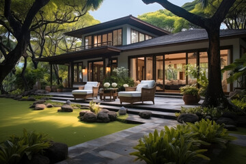 Fototapeta na wymiar Elegant house, The home on a tropical lawn.