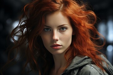 Fototapeta premium Portrait of young tender redhead young girl with perfect skin wearing black jacket looking at camera with serious and pensive expression. Caucasian female model with ginger hair posing outdoors.